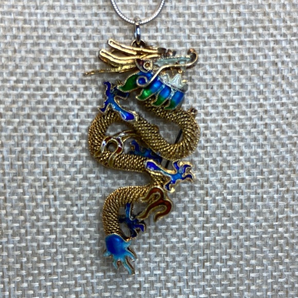 Antique CHINESE DRAGON Gold Gilt 925 Sterling Silver Cloisonné Brooch/Pendant. - Picture 3 of 15